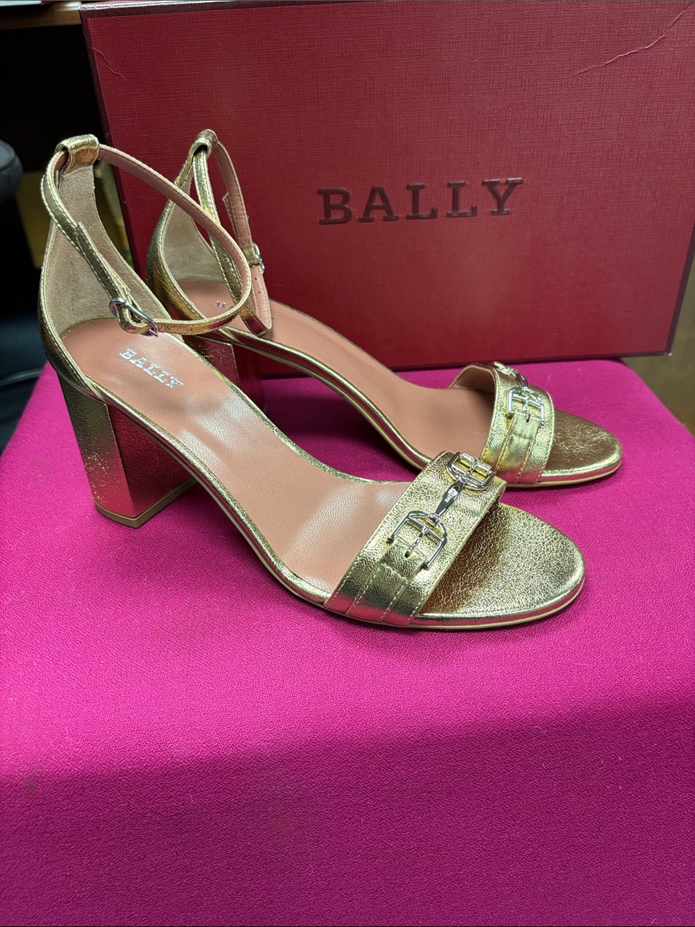 Bally Metallic Gold Ankle-Strap Block Heels